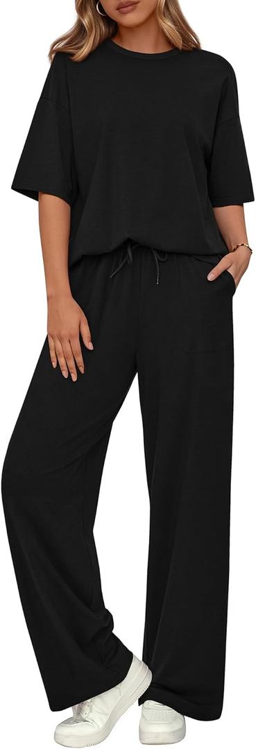 BTFBM Summer Outfits For Women 2026 Two Piece Sets Casual Short Sleeve Spring Tops Wide Leg Pants Matching Lounge Set (Medium, Black)