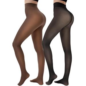 HONGTEYA 2 Pairs Fleece Lined Tights Women - Warm Sheer Pantyhose Fake Translucent Tights Winter Thermal Leggings, Small