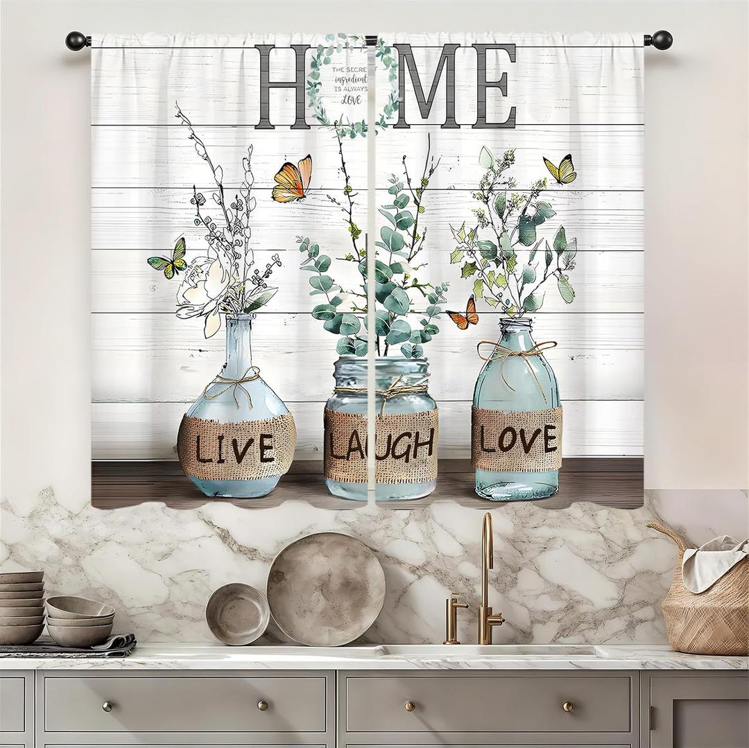 Eucalyptus Green Leaves Kitchen Curtain 26W X 36L Inch 2 Panels Rod Pocket Farmhouse Country Vintage Retro Rustic Wooden Small Short Cafe Tier Curtain Plant Window Drapes Treatment Bathroom Home Decor