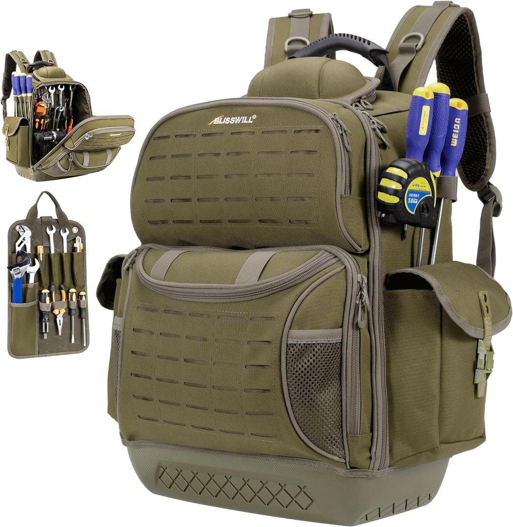 BLISSWILL Tool Bag Backpack for men,Heavy Duty Tool Backpack Bag with Waterproof Molded Base62 Pockets/40 Loops Heavy Duty Tools Organizer Bags/Electrician/Industrial/Construction Work Backpack (Dark Khaki)
