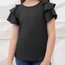 DOKOTOO KIDS Girls Ruffle Sleeve Shirts Summer Cute Crewneck Blouse Tops 6-15 Years (Black, L)