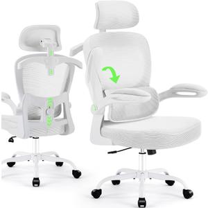 Office Chair Ergonomic Desk Chairs with Adjustable Lumbar Support& Headrest Hanger, High Back Breathable Mesh Chair with Wheels, Rolling Swivel Comfy Task Computer Chair for Home Work Gaming (White)