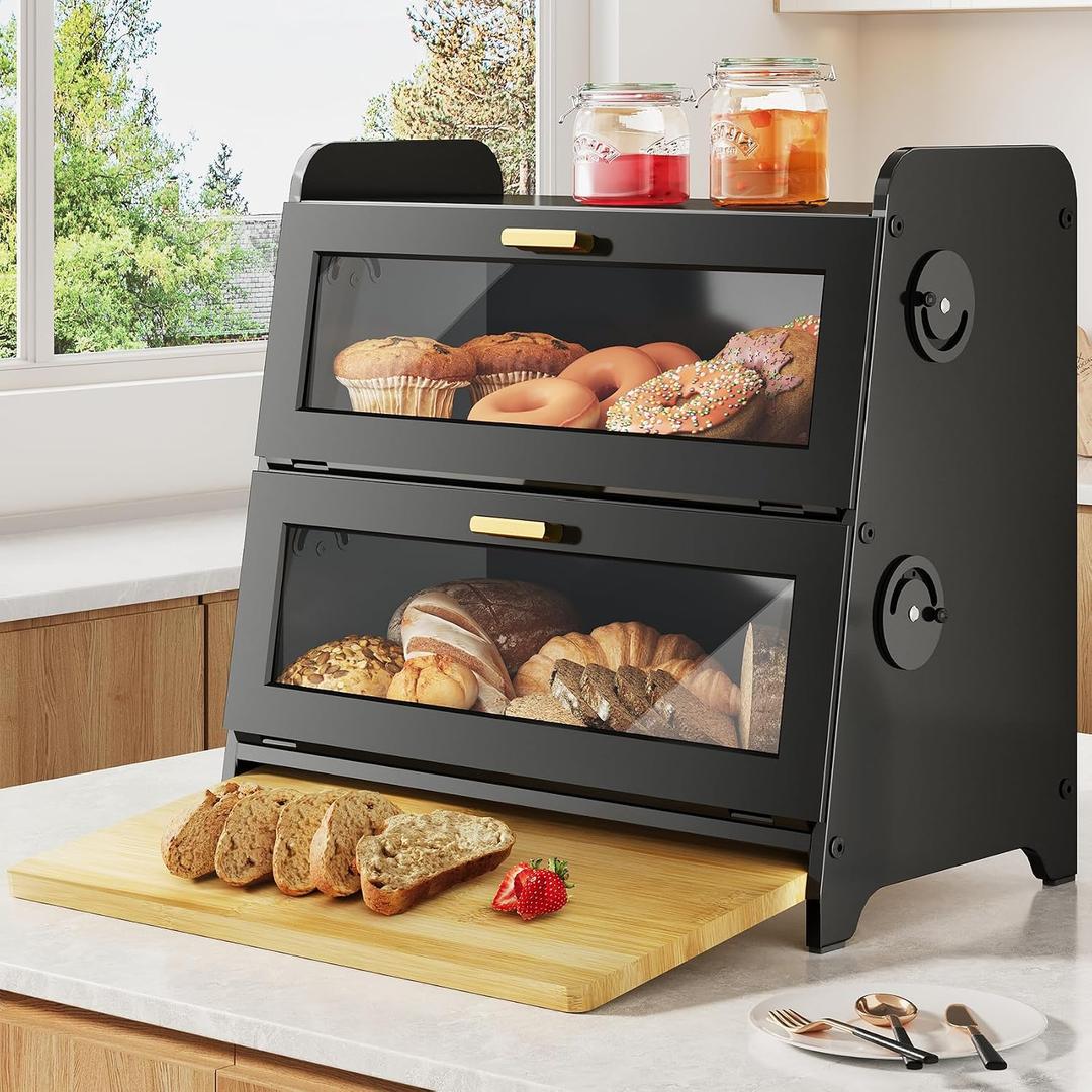SNTD Bread Box - Kitchen Countertop Bread Storage Container with Bamboo Cutting Board, Adjustable Vent Hole Dials, Black
