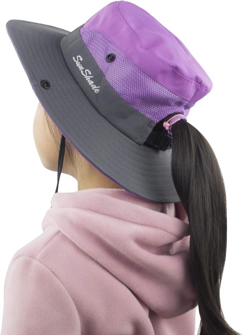 Kids Girls Ponytail Sun Hat Wide Brim UV Protection Summer Bucket Cap (Purple)