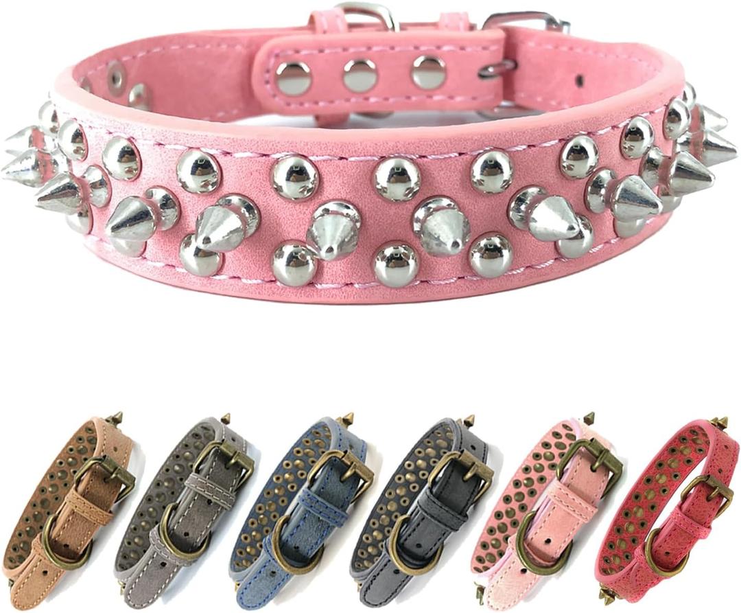 Studded Dog Collar, PU Leather Silver Dome Stud Anti-Bite Collar for Dogs, Adjustable Heavy Duty Punk Style Collar for Small Medium Large Dogs, Pitbull Mastiff Rottweiler Doberman, (XS, Pink)