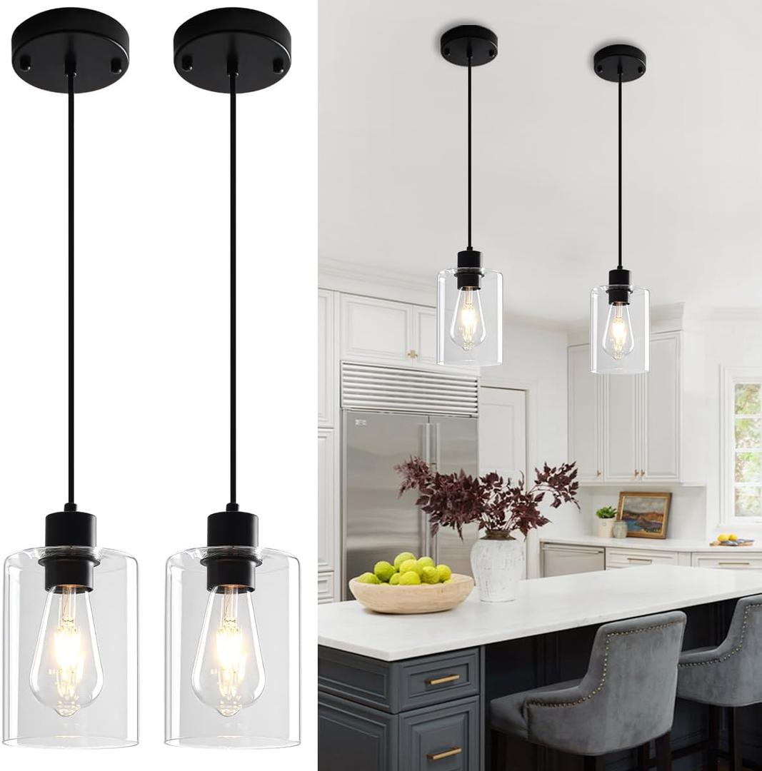 2 Pack Black Pendant Lights Kitchen Island, Modern Glass Pendant Lighting Over Island Kitchen Hanging Bathroom Ceiling Light Fixtures Adjustable Pendant Lights for Dining Room Hallway Bedroom