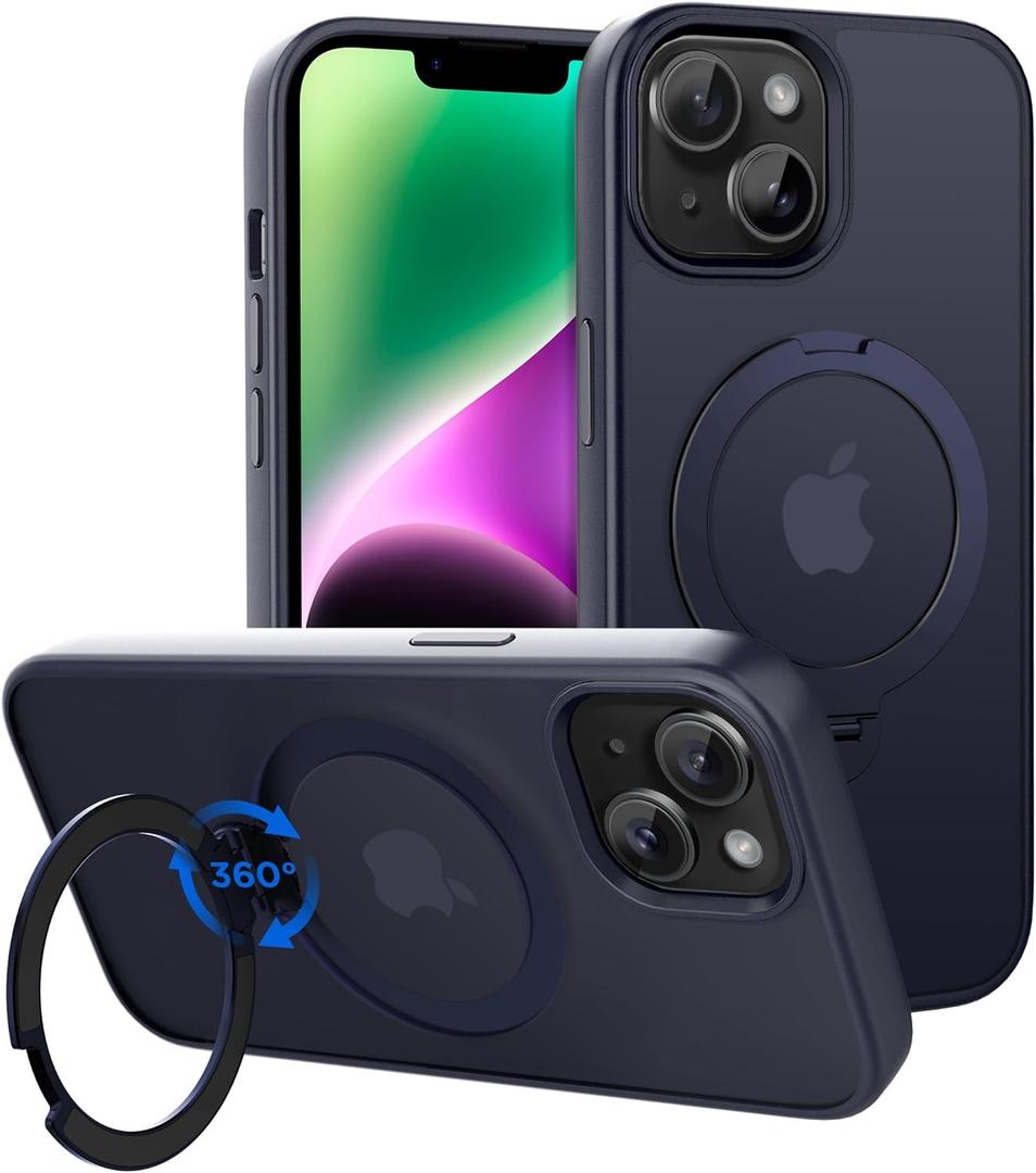 CACOE Magnetic Case for iPhone 13/14 6.1 inch with 360 Rotatable Ring Stand, Compatible with MagSafe Car Phone Mount, Cases Cover Phone Holder for Desk Meeting/Videos Dark Blue