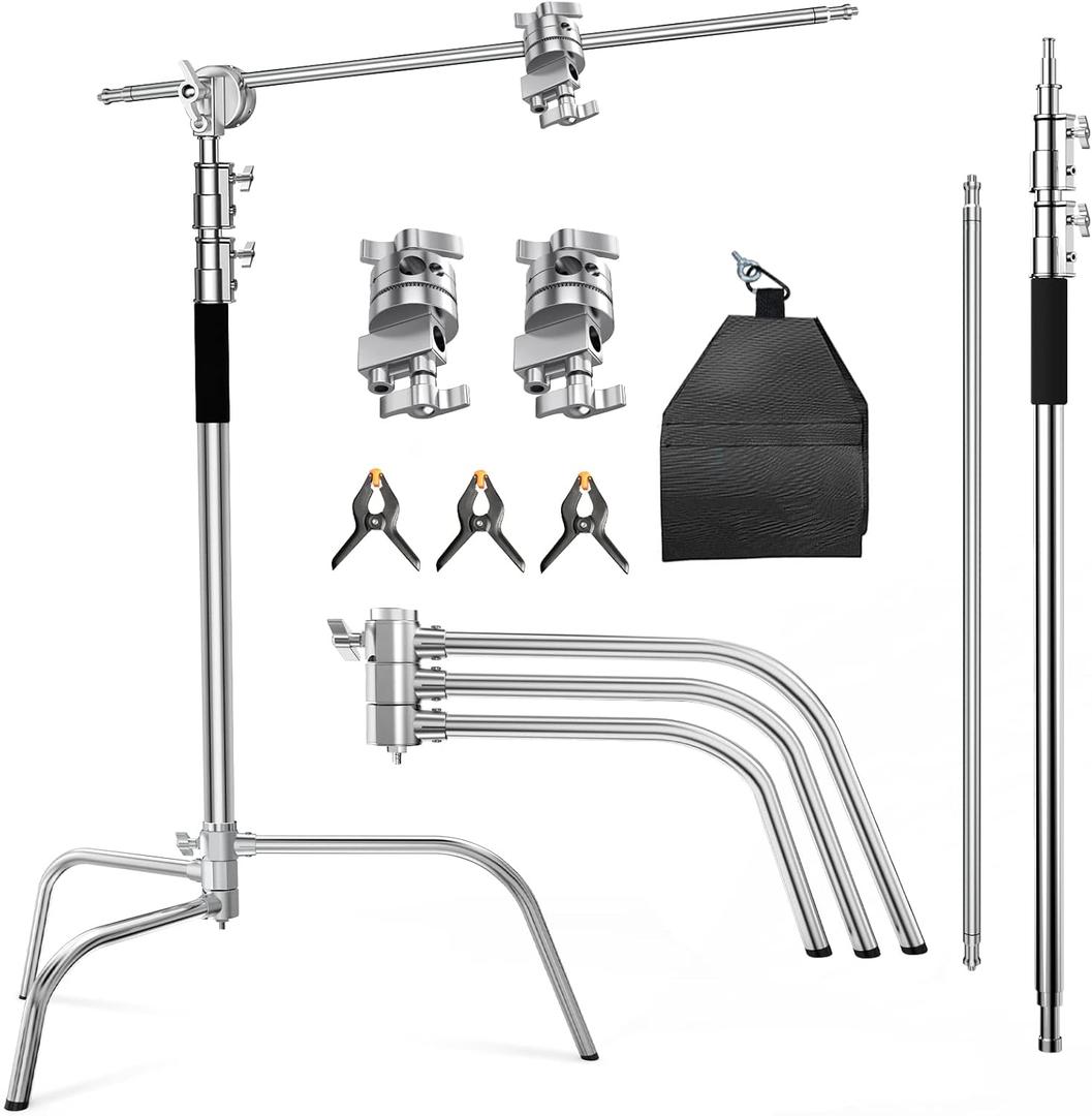 C Stand With Boom Arm - Photography Light Stand, Max Height 10.5ft/320cm, 4.2ft/128cm Holding Arm, Stainless Steel Heavy Duty Silver (CXJH01)