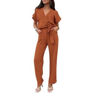 PRETTYGARDEN Women's One Piece Jumpsuits Dressy Casual Summer Short Sleeve Wrap V Neck Wide Leg Pants Romper Spring Clothes (Large, Caramel)