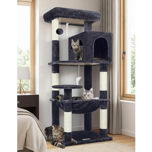 Globlazer Cat Tree Tower with Scratching Post for Indoor Cats, 53inch Tall Plush Multi-Level Cat Climbing Tower Condo House with Large Hammock, Spacious Cat Condo, Big Padded Top Perch, F53, Dark Gray