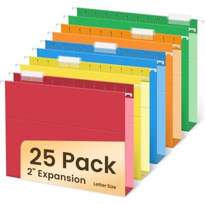 SUNEE Hanging File Folders Extra Capacity Assorted Colors, 25 Pack Letter Size File Folders with 1/5-cut Tabs, Heavy Duty 2 Inch Expansion, Stay Organized for Your Home and Office Bulk File