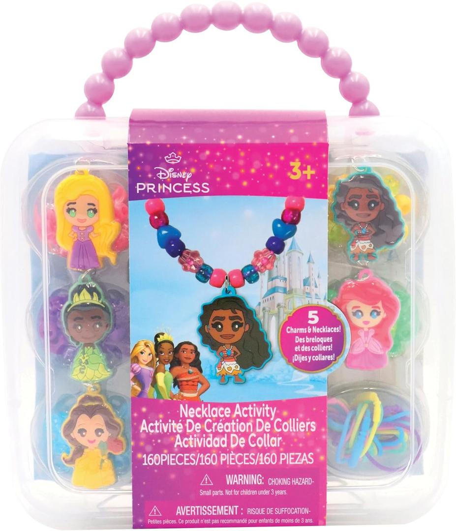 Disney Princess Necklace Activity Case Jewelry Making Kit with Beads, Charms & Strings Create Custom Princess Necklaces Craft Gift for Girls Ages 3+ Portable Storage Case Included