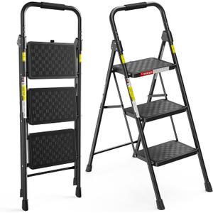 HBTower 3 Step Ladder, Heavy Duty Step Stools for Adults | Step Stool Foldable with Anti-Slip Pedal and Feet, Ladders for Home Kitchen Garage Outdoor, 330 Lbs, Black