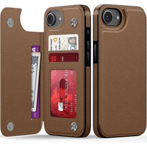 LETO for iPhone 16e Wallet Case, Flip Folio Leather Kickstand Brown | Card Slots Holder - Fashionable Flower Designs - Shockproof Protective Phone Cover for Women and Girls