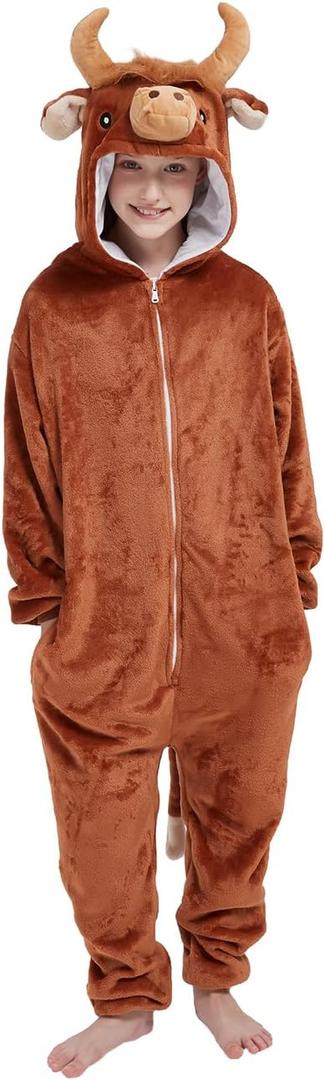 ABENCA Kids Onesie Animal Girls Costume One Piece Pajamas Sleepwear Cosplay Halloween Christmas (8-9 Years, Brown Highland Cow)