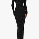 Womens Off The Shoulder Floral Maxi Bodycon Dress Fall Long Sleeve Mesh Fitted Long Formal Wedding Guest Dresses, Size L, Black