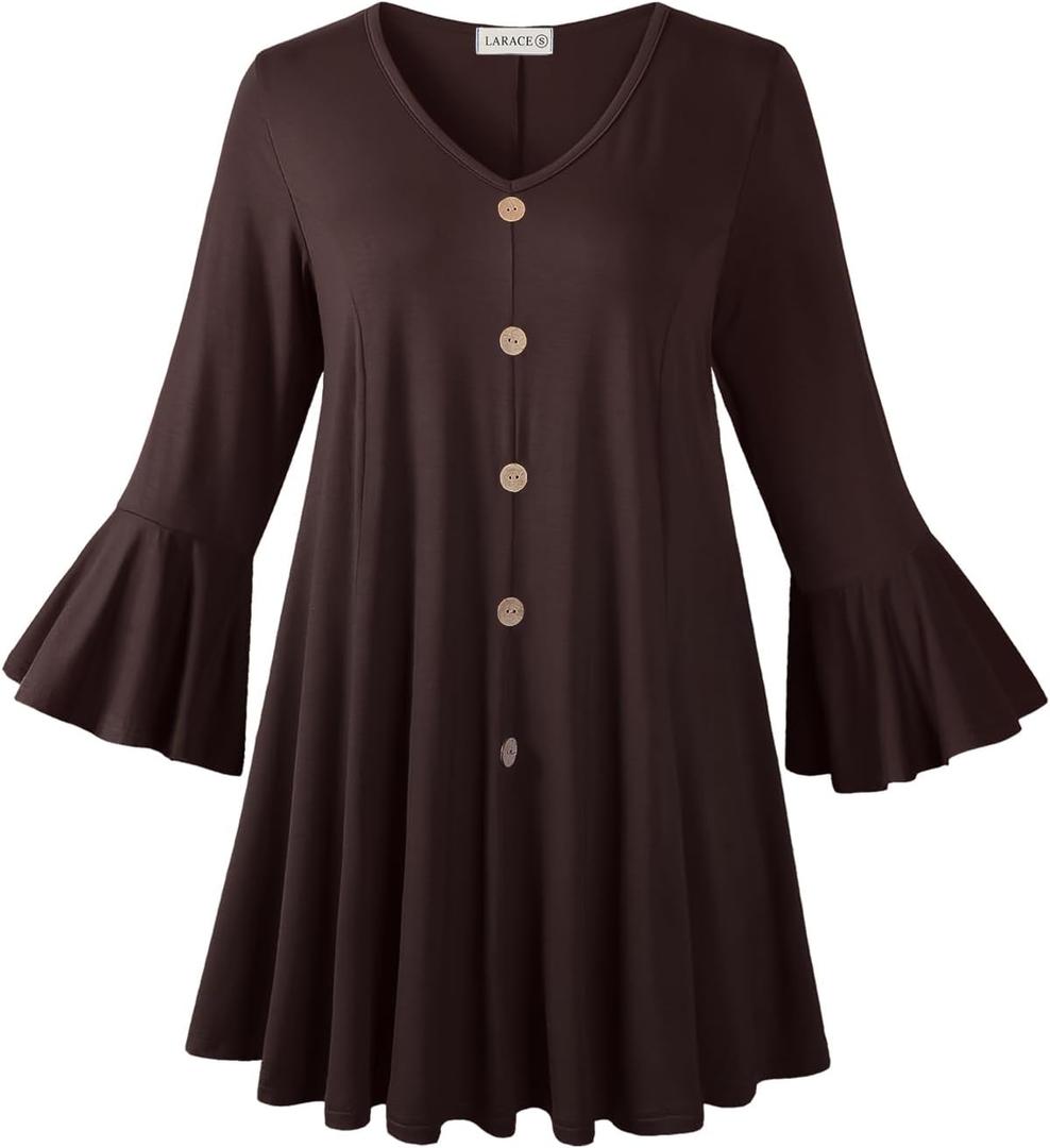 LARACE 3/4 Length Sleeve Plus Size Tops for Women, Women's Tunic Top to Wear with Leggings, V-Neck T-Shirts Fall Clothes (Coffee, 4X)
