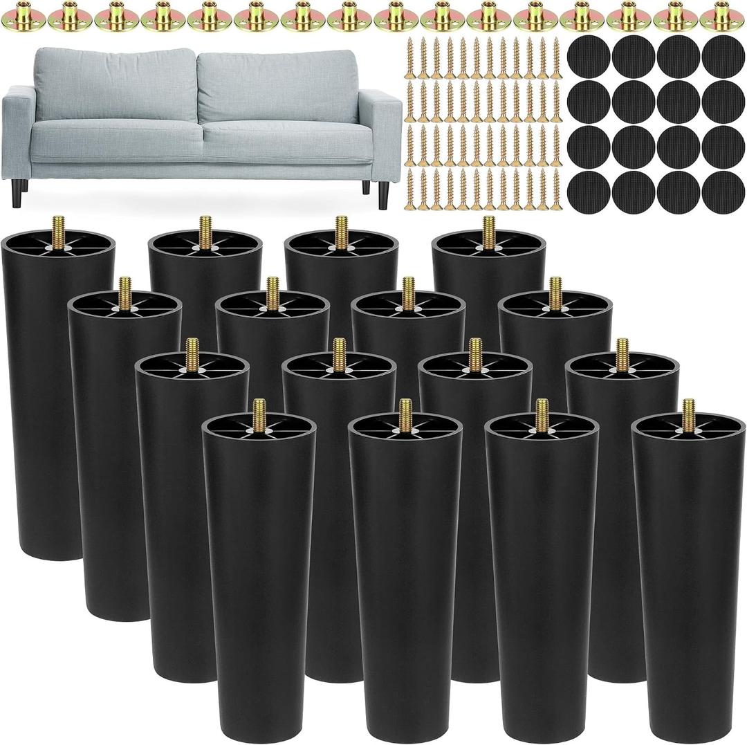 TURSTIN 16 Pack 8 Inch Plastic Furniture Legs with M8 T-Nuts Screws Tapered Sofa Couch and Chair Legs Replacement Furniture Leg for DIY Projects Sofas Coffee Tables Dressers Beds