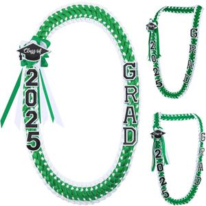 Hotop Graduation Leis Class of 2025 Grad Ribbon Double Braided Necklace Handmade Money Leis for Congrats Graduates Senior (Green, White)