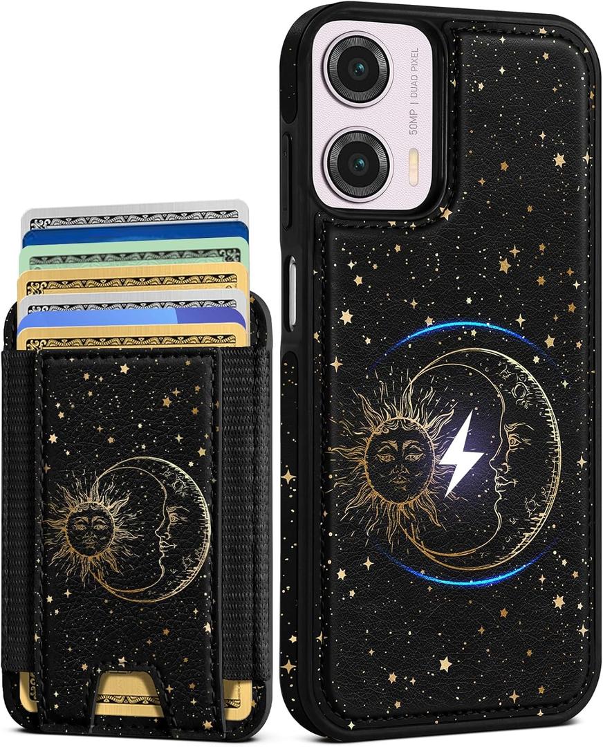 Shorogyt for Motorola Moto G Power 5G 2024 Cute Kawaii Leather Phone Case - Compatible with Magsafe Wallet Magnetic Credit Card Holder Fashion Sun Moon Design Phone Cover for Women Girls, Fits 7 Cards