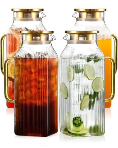4 Pack 2 Liter/68 oz Square Glass Pitcher with Lid, Classic Stripes Water Pitchers with Handle for Fridge, Large Jug for Iced Tea, Coffee, Borosilicate Glass Carafe for Hot/Cold Brew Drink, Gold