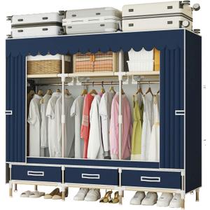 Portable Wardrobe Closet Durable and Easy to Assemble Heavy Duty Clothes Rack with Non-Woven Cover Fabric Best for Bedroom and Easy Storage and Organization (Blue-A)