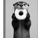Funny Otter Bathroom Wall Art Decor, Humorous Animal Black and White Canvas Wall Art, Cute Otter Holding Toilet Paper Roll Canvas Artwork Print for Bathroom Toilet Restroom Washroom Wall Decor 16x24''