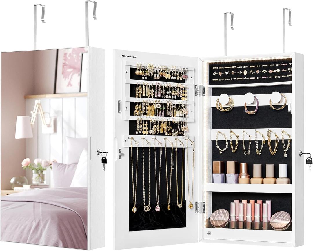 SONGMICS Mirror Jewelry Cabinet Armoire with Built-in LED Lights, Wall or Door Mounted Jewelry Storage Organizer, 3.8 x 14.6 x 26.4 Inches Hanging Mirror Cabinet, Gift Idea, White UJJC050W01
