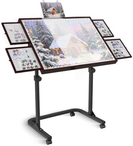 Jigsaw Puzzle Table 1500 Pieces,Adjustable Height&Up Puzzle Board with Cover and 4 Drawers,Puzzle Tables for Adults,Puzzle Board with Cover with Legs for Puzzle Doer(Coffee Color)