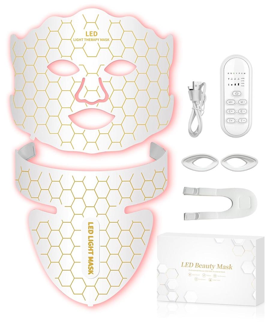 Yahi Red Light Photon Facial & Neck Mask with Remote Control, 7 Custom Modes with Infrared, Portable & Rechargeable with Timer for Home Use, 175 High-Density Light Beads, White