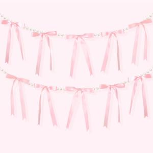 Riceshoot Pearl Bow Garland 12 Pcs Mini Satin Ribbon Bows and 9 Yds Pearl Garland for Mantle Fireplace Staircase Decor Birthday Wedding Easter Holiday Party Supplies(Pink)