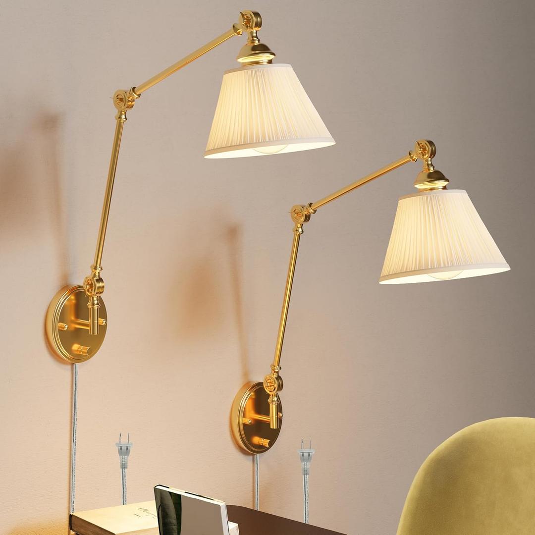 Plug in Wall Sconces Set of Two, Gold Swing Arm Wall Lamp with 6.6FT Plug-in Cord and Knob Switch, Fabric Hardwired Wall Lights for Bedroom, Reading, Study Room, Office, Living Room (2 Pack)