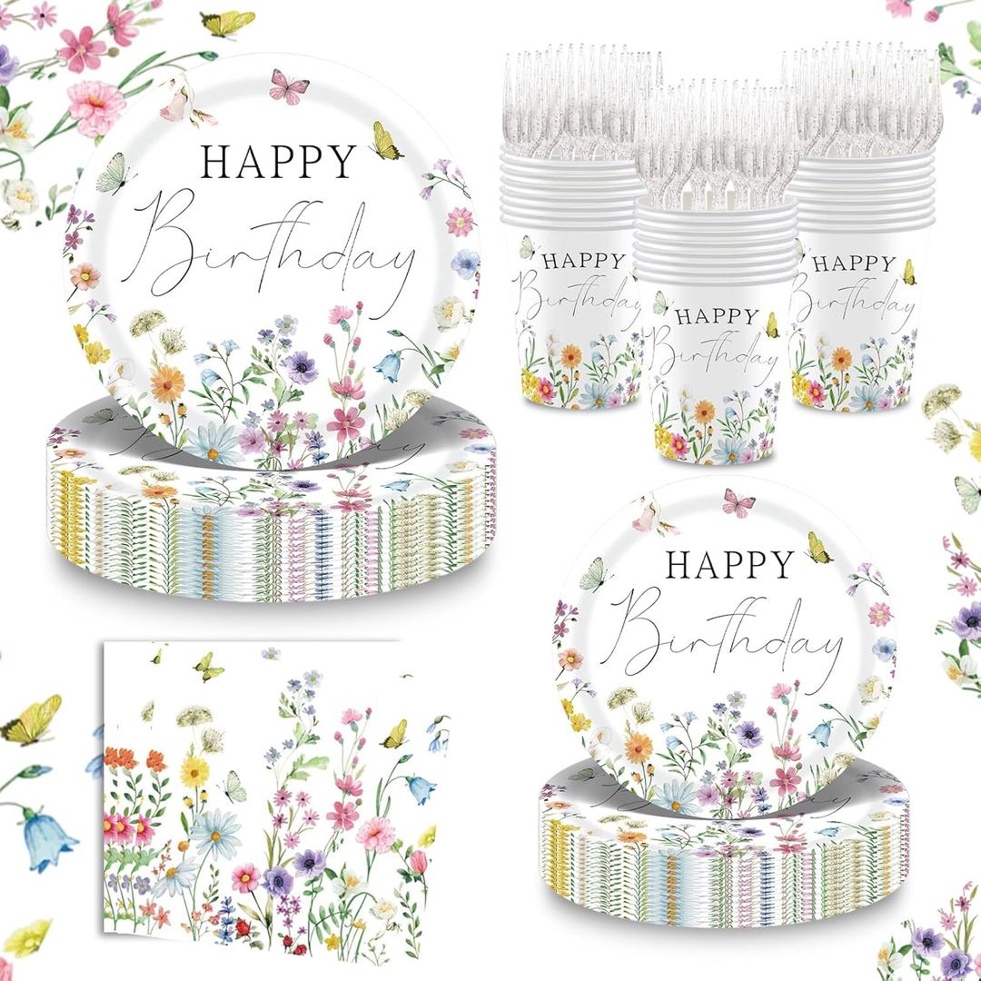 120PCS Wildflower Birthday Party Plates Supplies for Girls and Women, Spring Wild Flower Floral Paper Plates 9" Dessert Plates 7" Napkins Cups Forks Tableware Serve 24 Guests