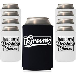 Veracco Groom and Groom's Drinking Team Can Coolie Holder Bachelor Party Wedding Favors Gift For Groom Groomsmans Proposal (6, Blk Groom, Wht DT)