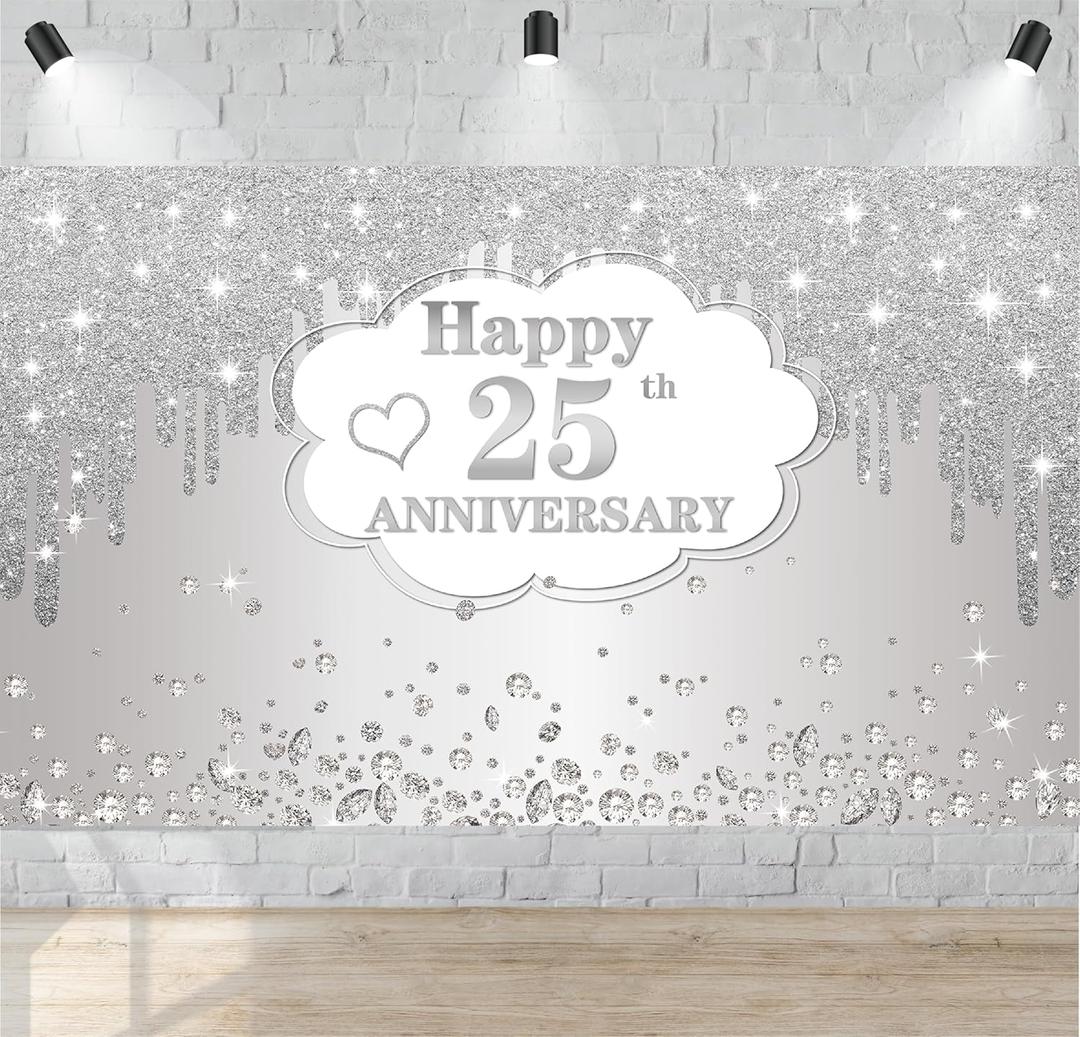 25th Wedding Anniversary Banner Decorations, Silver 25 th Wedding Anniversary Decorations Decor Poster Photography for Backdrop, Silver Happy 25 Anniversary Party Supplies, 72.8x43.3 Inches