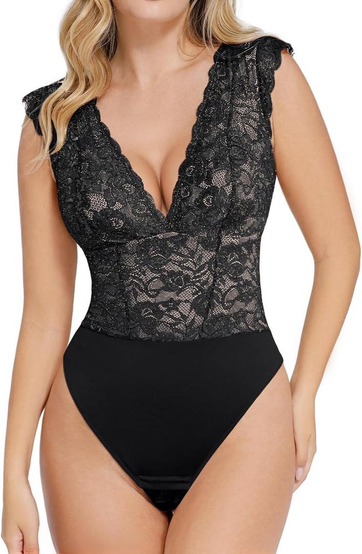 Popilush Lace Body Suits Women - Tank Top Thong Shapewear Tummy Control Going Out Tops Deep V Neck BodySuit, Black, Size L