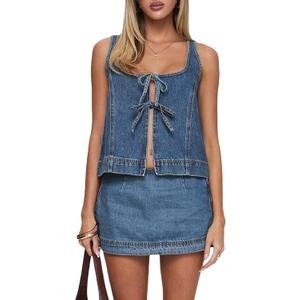 Womens Tie Front Sleeveless Denim Vest and Mini Jean Skirt Two Piece Sets Summer Trendy Going Out Outfits (Blue, XL)