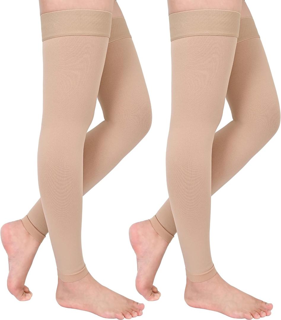 GODORIO 2Pairs 20-30mmHg Thigh High Compression Stockings, Thigh High Compression Socks for Women, Medical Compression Stockings for Varicose Veins, Swelling, Pregnant, Teacher, Doctor (XXL, Footless-Beige)