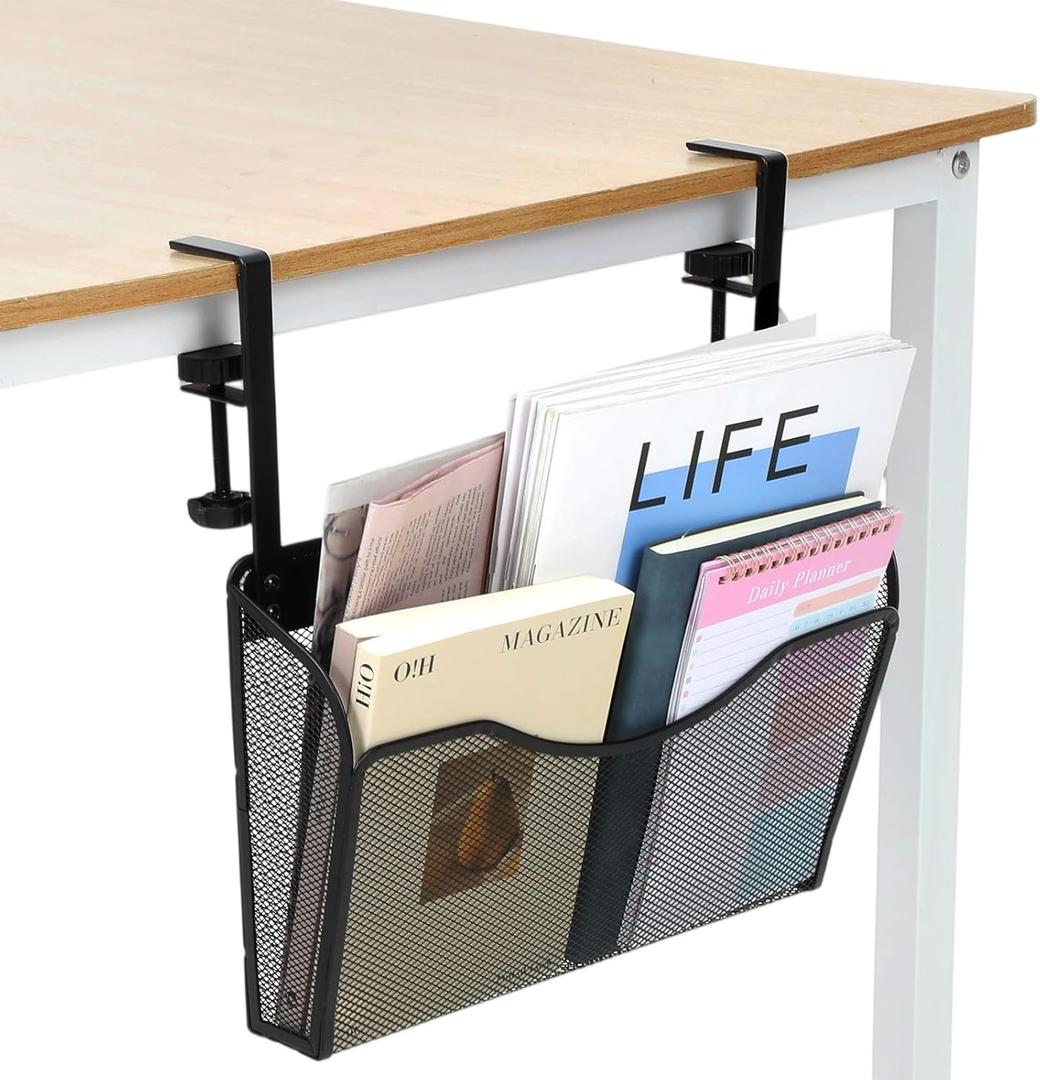 Clamp On Desk Organizer, 2-IN-1 Under Desk Side Organizer Storage, Wall Mounted Mesh File Rack, Hanging Office Organization for Document Magazine Paper School Supplies, Black