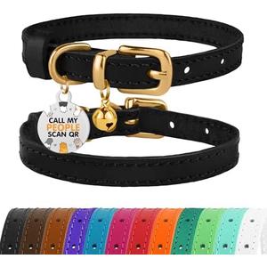 BRONZEDOG Leather Cat Collar with Removable Bells Non Breakaway Kitten QR Tag for Girl Boy (7" - 9" for Cats, Black & Gold)