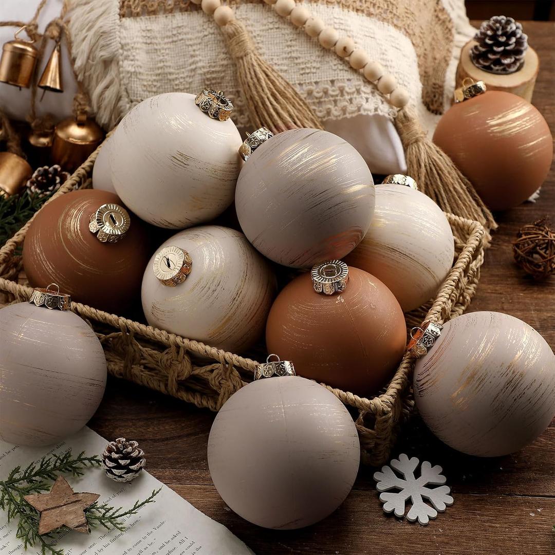 Yunlly 12 Pcs 4 Inch Neutral Textured Christmas Ball Ornaments 2025 Large Rustic Vintage Brown Ivory Rust Xmas Tree Ornament Xmas Baubles Farmhouse Modern Christmas Decor for Tree Home Indoor Decor
