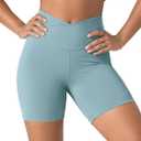 ODODOS Women's Crossover Yoga Shorts with Back Pocket, 6" Buttery Soft V High Waist Lounge Biker Shorts, Chambray, Large (L)