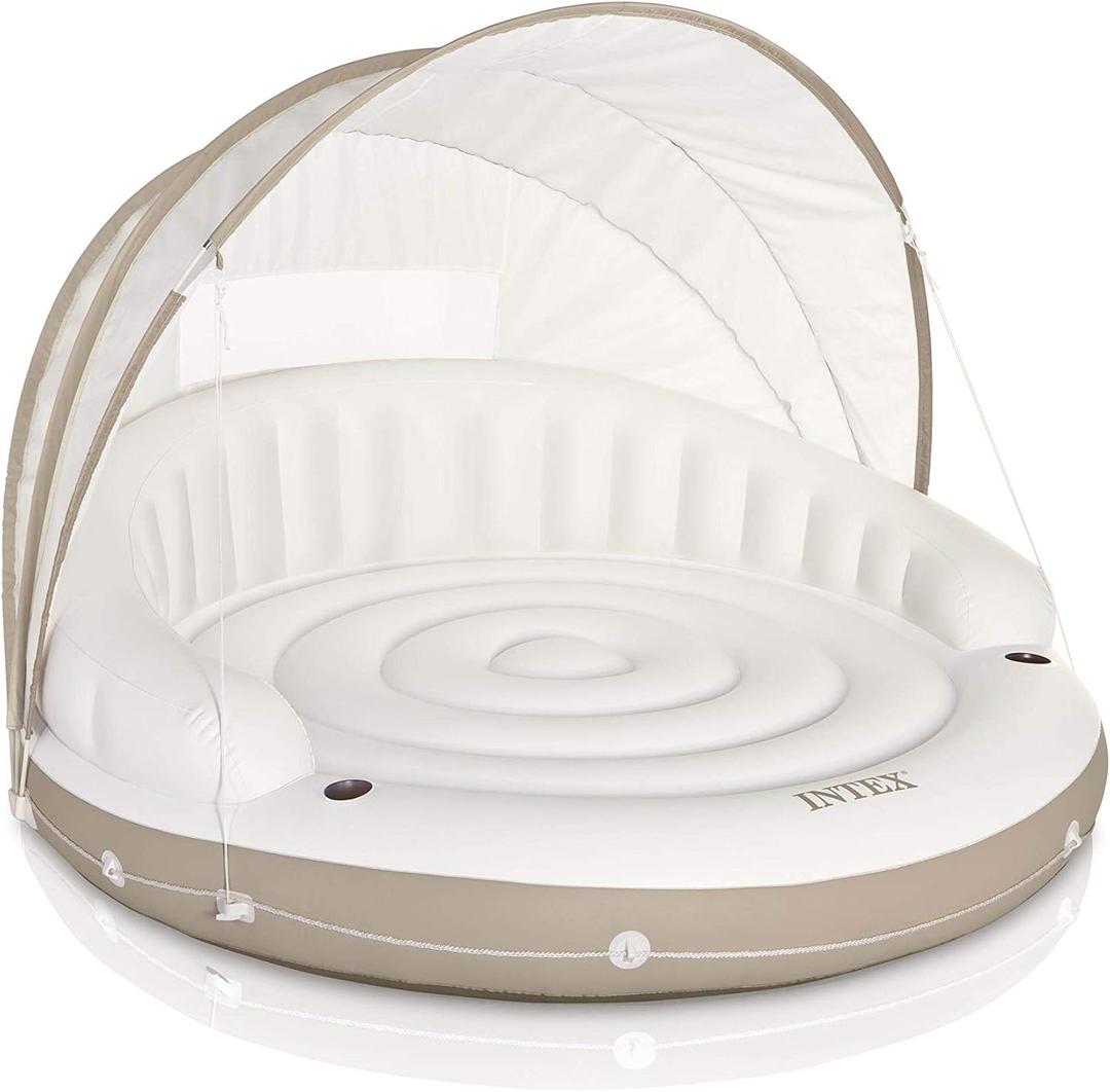 Intex 58292EP Canopy Island Inflatable Pool Float: Comfortable Lounge Surface  Built-in Cup Holders  Detachable Sunshade  440lb Max Weight Capacity  78.5" x 59"