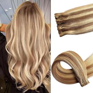 18Inch Tape in Hair Extensions Human Hair Balayage Golden Brown with Bleach Blonde 40g 20pcs Real Natural Tape in Remy Skin Weft Hair Extensions (#12P613)