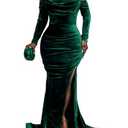 Vakkest Women Off The Shoulder Formal Dresses Long Sleeve Evening Party Velvet Maxi Dress High Split Cocktail Gowns Green, S