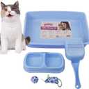 PAWISE Small Cat Litter Box,14.3 x 10.6 x 2.5 Kitten Litter Box Starter Kit,Low Entry Baby Catty Training Litter Box with Scoop, Bowls,Cat Mouse Toy and Ball Toy,First Kitten Owner Essentials (Blue)