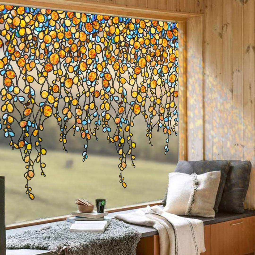 funlife Original Hand-Drawn Faux Stained Glass Window Film, Double-Sided Static Cling Window Clings, Boho Sunset Pearl Vine Window Hanging Cling Decorative Window Film, 62.99"x37.40"