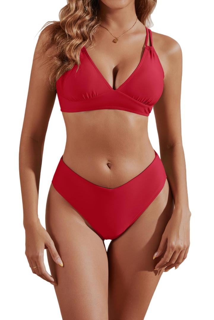 Women's Red Bikini Sets Sexy V Neck Criss Cross Back Two Piece Swimsuit Cheeky High Cut Thong Bathing Suit S