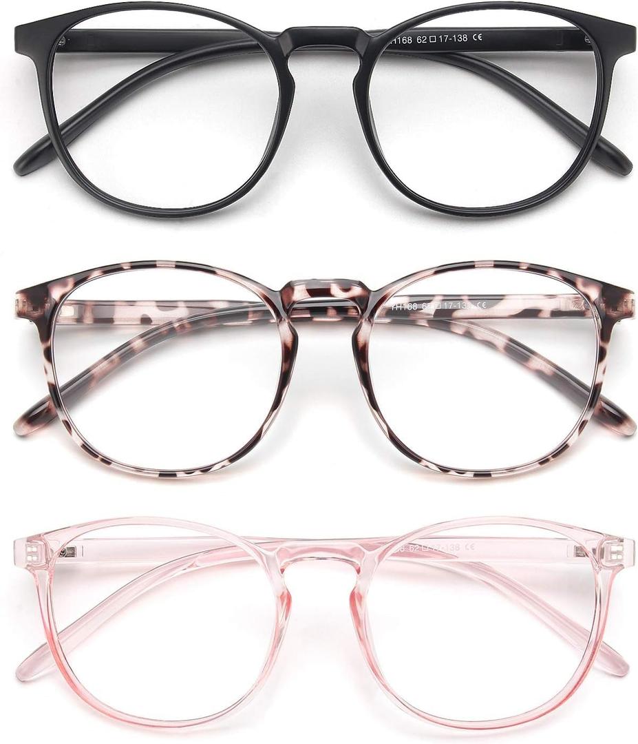 IBOANN Chic & Comfy Blue Light Glasses for Women - 3-Pack Round Frames, Screen-Ready Style with UV Protection Coating (A4 Matte Black & Leopard & Clear Pink)