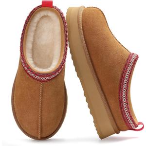 KIDMI Genuine Suede Platform Slippers for Women Fuzzy Winter Warm Shoes Indoor Outdoor (7.5-8, Chestnut)
